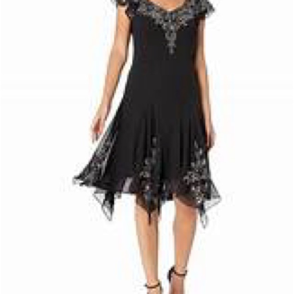 J Kara Flutter Sleeve Hanky Hem Short Cocktail Beaded Dress Black/Size 12
